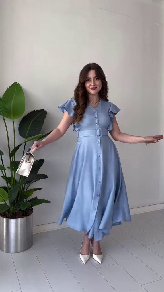 Elegant Light Blue Midi Dress with Ruffle Sleeves, Belt, and Button Front - Photo 1