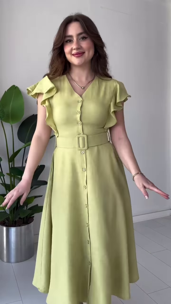 Elegant Light Blue Midi Dress with Ruffle Sleeves, Belt, and Button Front - Photo 4