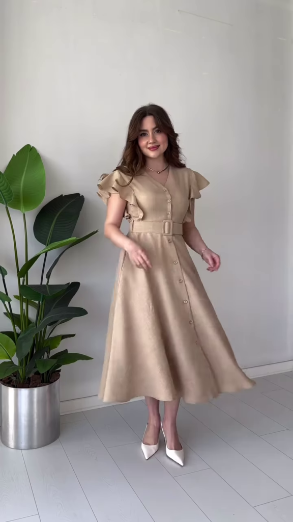 Elegant Light Blue Midi Dress with Ruffle Sleeves, Belt, and Button Front - Photo 2