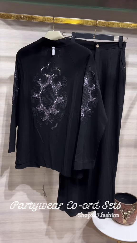 Elegant Black Partywear Co-ord Set with Embellished Top and Wide-Leg Pants - Photo 1