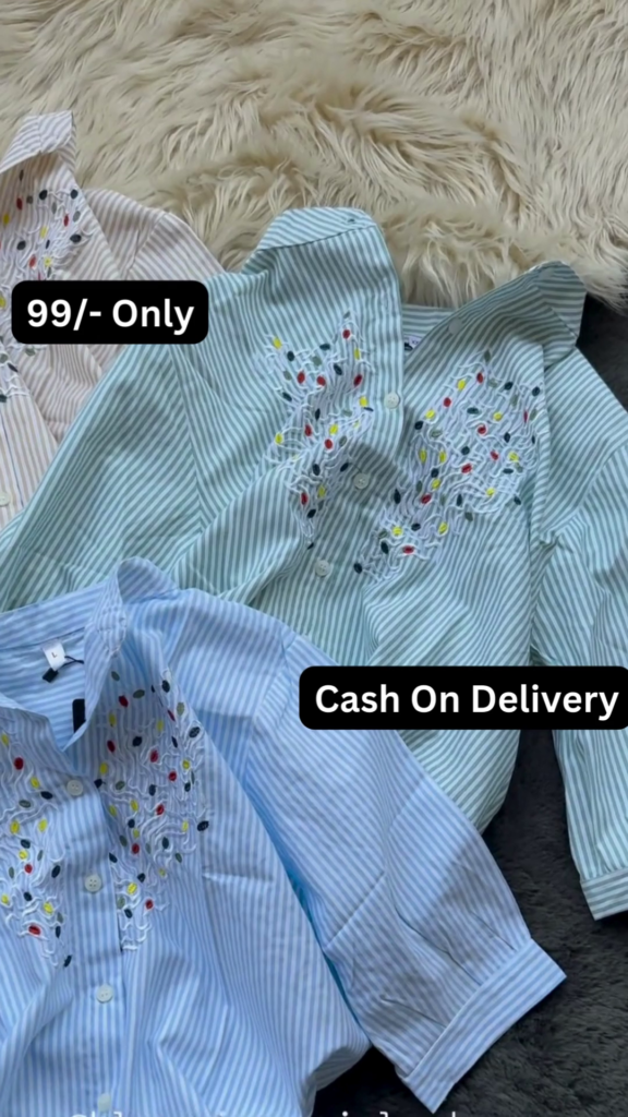Striped Button-Down Shirt with Colorful Embroidered Collar Detail - Photo 3