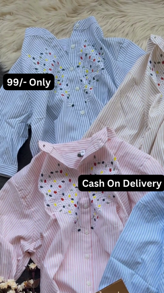 Striped Button-Down Shirt with Colorful Embroidered Collar Detail - Photo 2