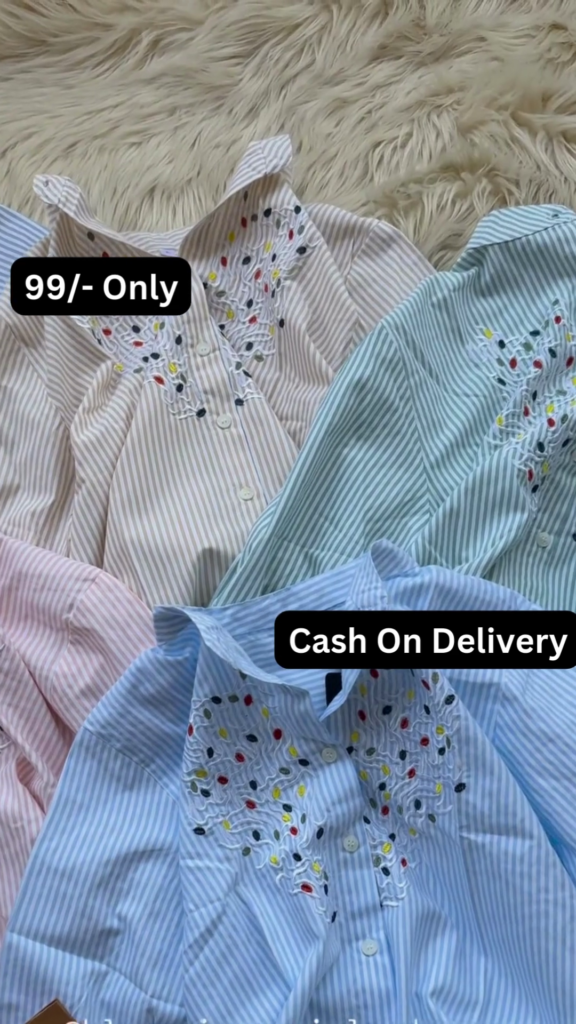 Striped Button-Down Shirt with Colorful Embroidered Collar Detail - Photo 1
