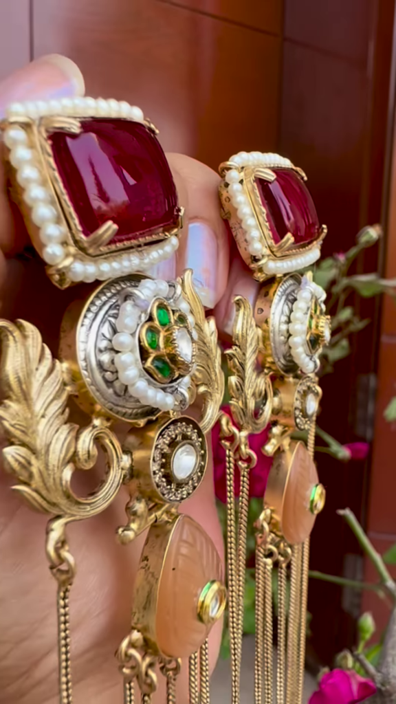 Elaborate Gold-Toned Kashmiri Jhumka Earrings with Gemstones and Chain Dangles - Photo 2