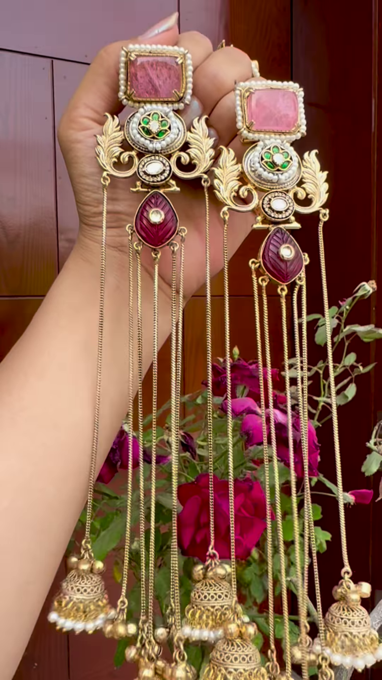 Elaborate Gold-Toned Kashmiri Jhumka Earrings with Gemstones and Chain Dangles