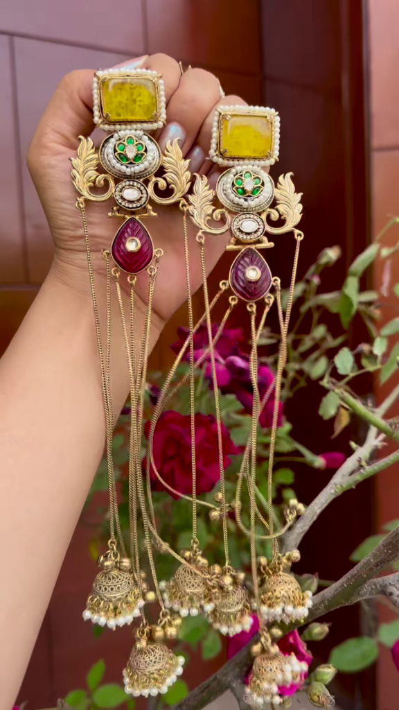 Elaborate Gold-Toned Kashmiri Jhumka Earrings with Gemstones and Chain Dangles - Photo 6
