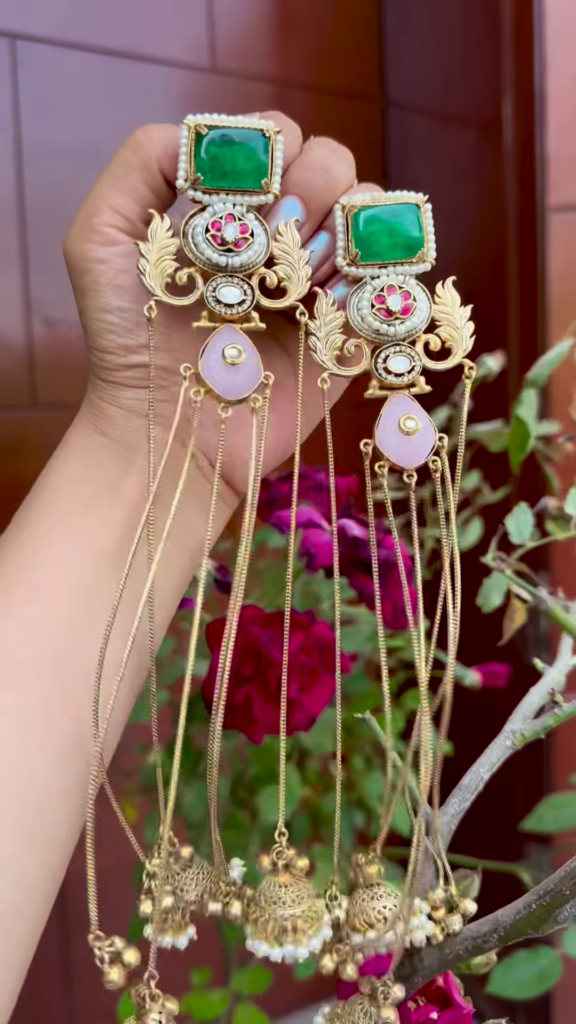Elaborate Gold-Toned Kashmiri Jhumka Earrings with Gemstones and Chain Dangles - Photo 5