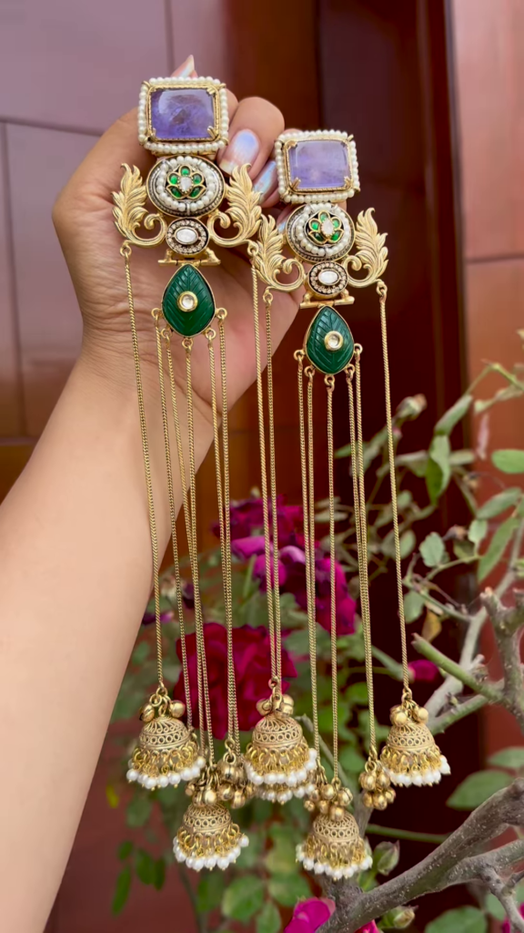 Elaborate Gold-Toned Kashmiri Jhumka Earrings with Gemstones and Chain Dangles - Photo 4