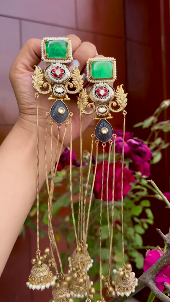 Elaborate Gold-Toned Kashmiri Jhumka Earrings with Gemstones and Chain Dangles - Photo 3