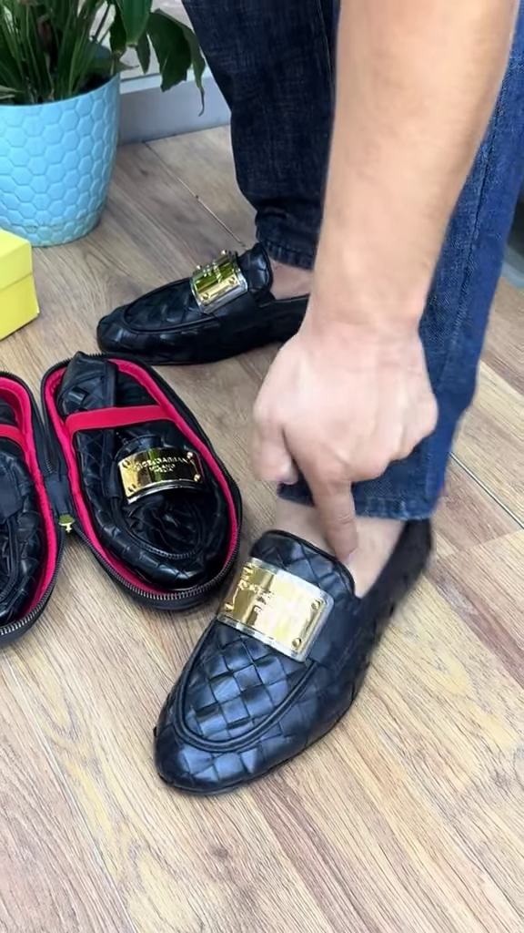 Men's Woven Leather Loafers with Decorative Metal Buckle - Photo 2