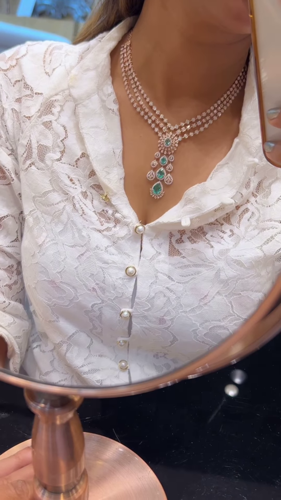 Exquisite Multi-Strand Diamond and Emerald Necklace in Gold Tone - Photo 2