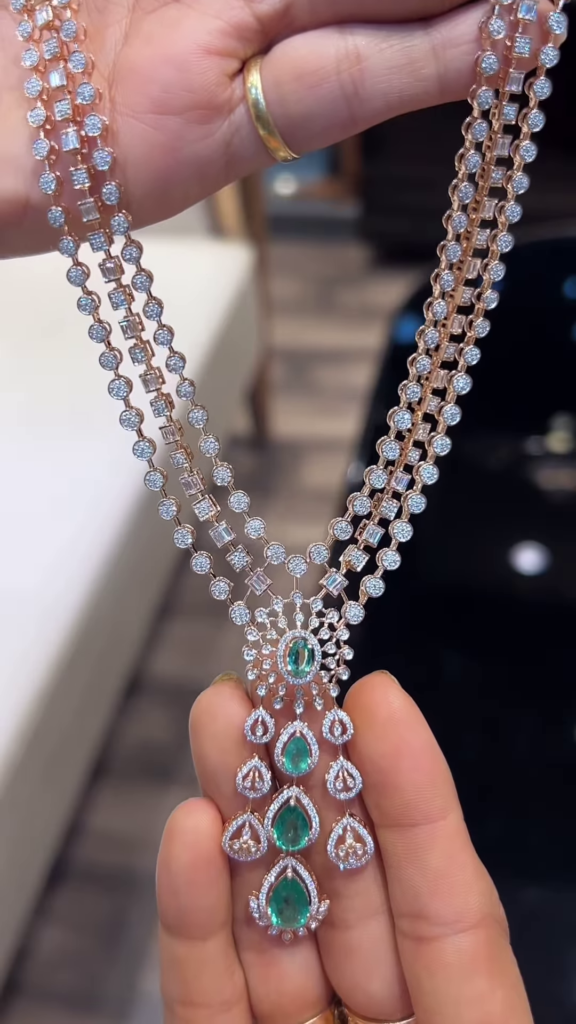 Exquisite Multi-Strand Diamond and Emerald Necklace in Gold Tone - Photo 4