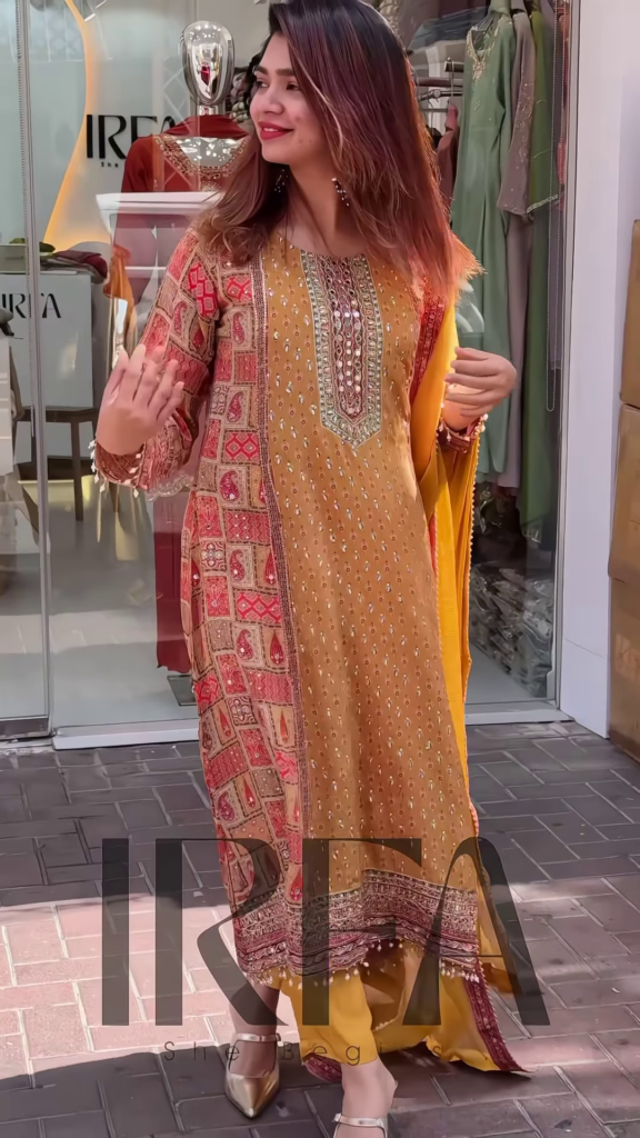 Elegant Printed Straight-Cut Kurti with Embellished Neckline and Coordinating Bottoms - Photo 6