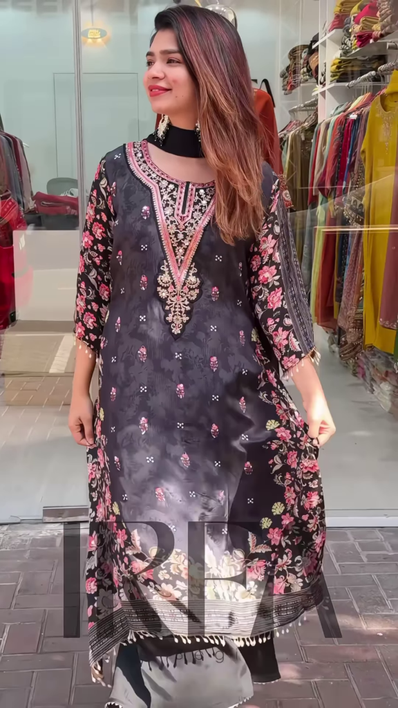Elegant Printed Straight-Cut Kurti with Embellished Neckline and Coordinating Bottoms - Photo 4