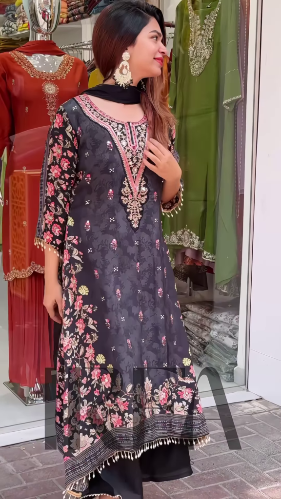 Elegant Printed Straight-Cut Kurti with Embellished Neckline and Coordinating Bottoms - Photo 2