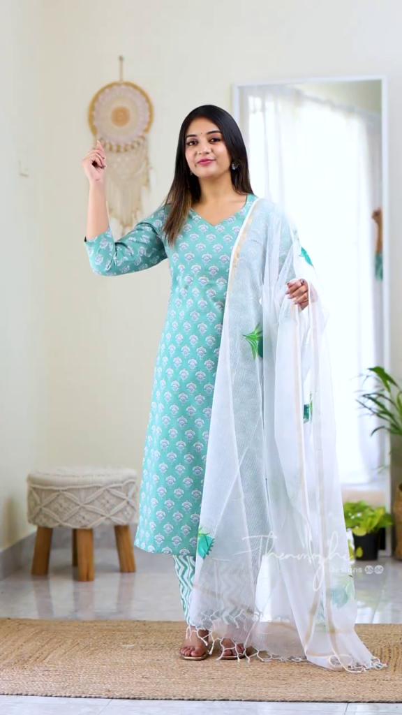 Light Blue Printed Straight-Cut Kurti Set with Coordinating Dupatta - Photo 1