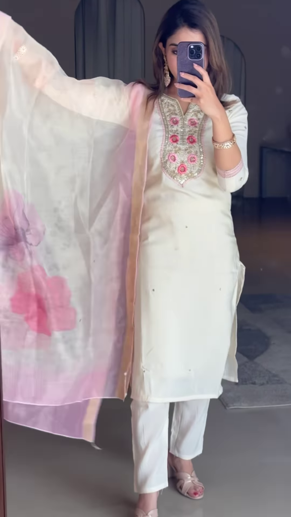 Elegant Off-White Embroidered Kurti Set with Contrasting Dupatta - Photo 2
