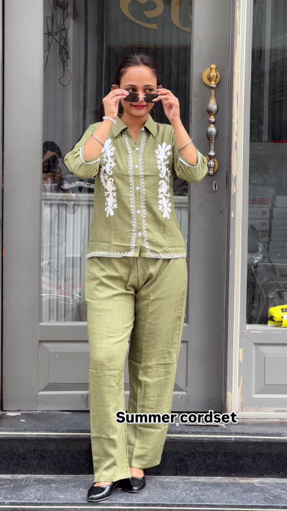 Light Green Embroidered Co-ord Set with Button-Down Top and Straight Pants - Photo 1