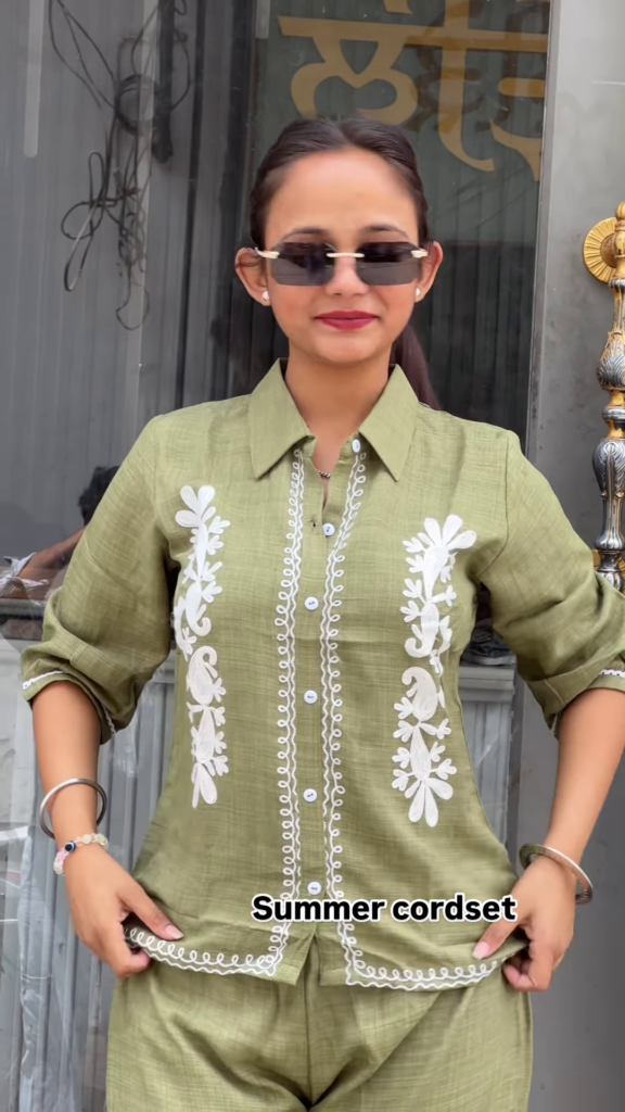 Light Green Embroidered Co-ord Set with Button-Down Top and Straight Pants - Photo 3