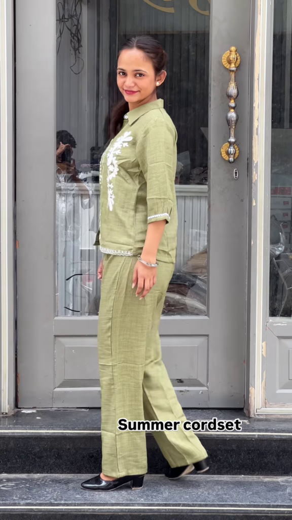 Light Green Embroidered Co-ord Set with Button-Down Top and Straight Pants - Photo 2