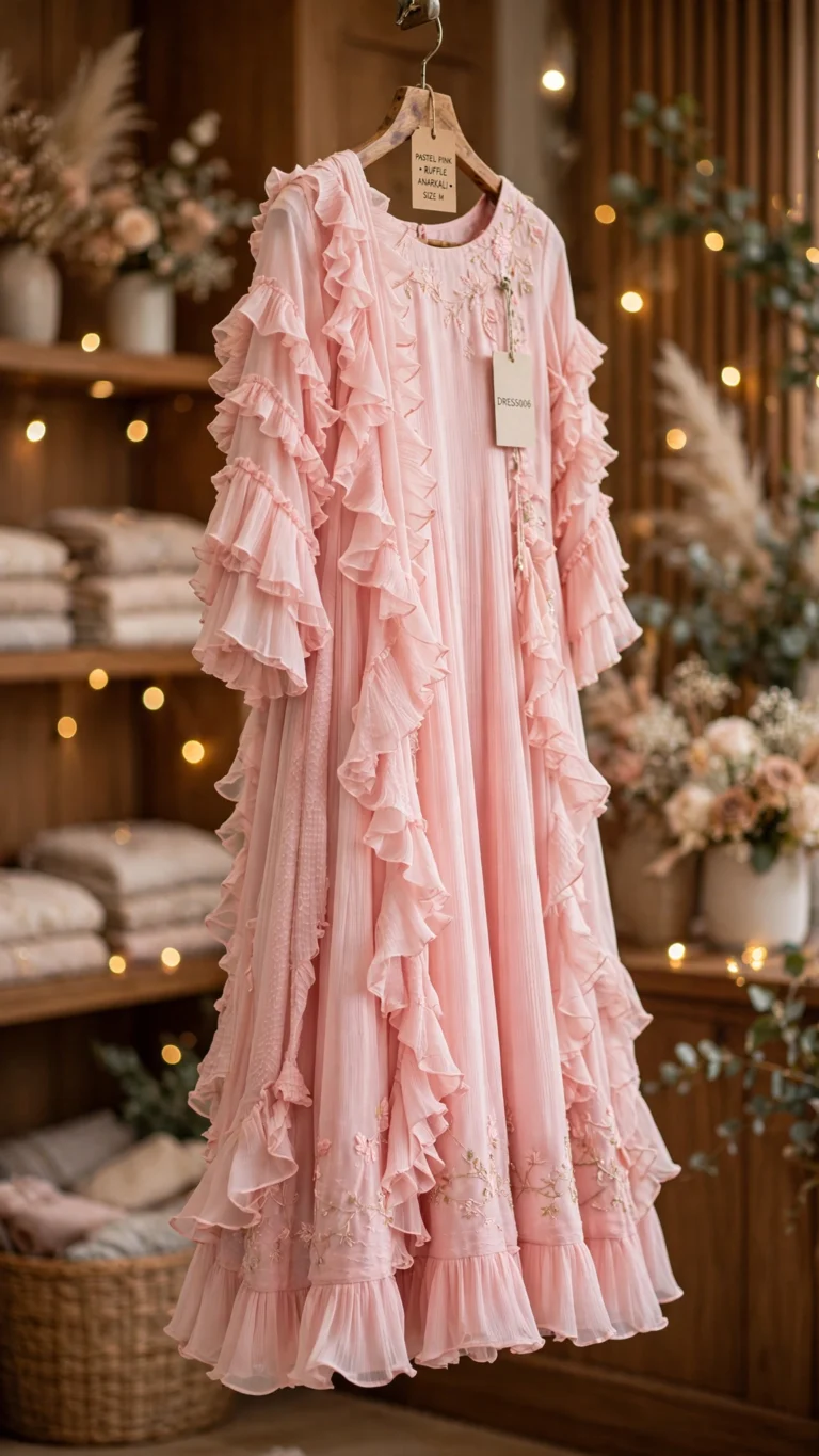 Pastel Ruffle-Detail Anarkali Gown – Available in Pastel Pink & Peach