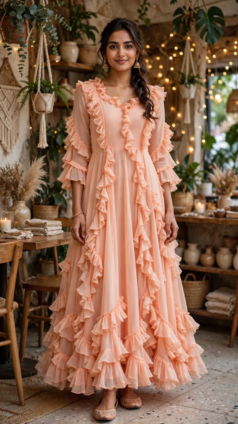 Peach Ruffle Dream Georgette Anarkali Gown