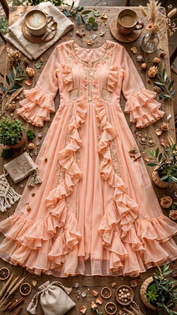 Peach Ruffle Dream Georgette Anarkali Gown - Photo 2