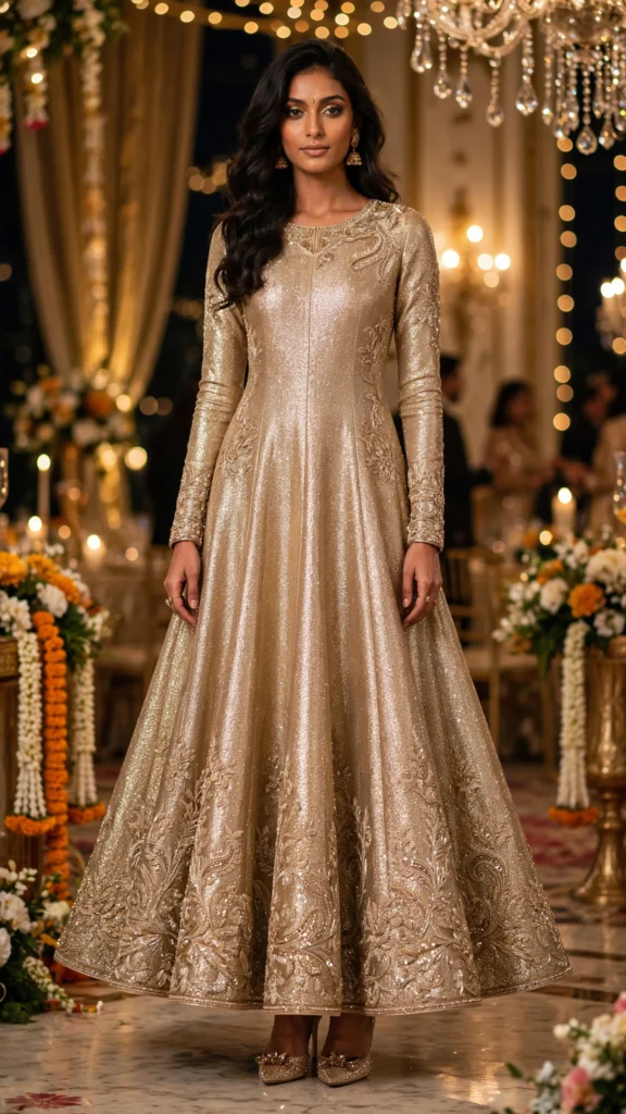 Luminous Champagne Embroidered Anarkali Ensemble with Sequin Detailing - Photo 1