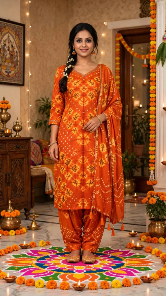 Vibrant Orange Bandhani Print Festive Salwar Suit Set - Photo 1