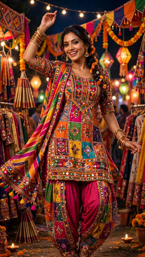 Navratri Festive Mirror-Work Patiala Set – Available in Multicolour Patchwork & Vibrant Pink Patchwork - Photo 1
