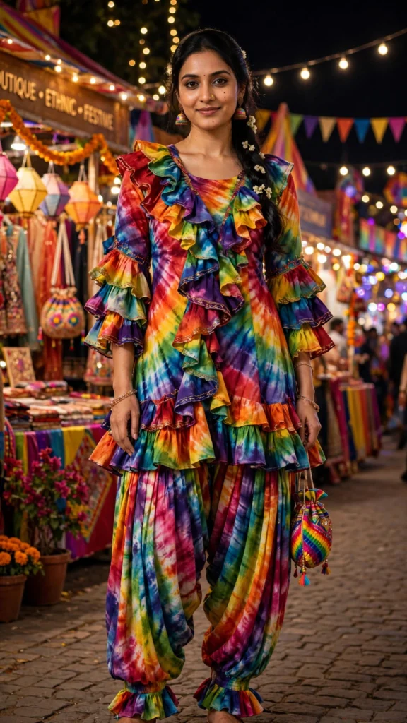 Vibrant Rainbow Tie-Dye Ruffle Patiala Suit Set - Photo 1