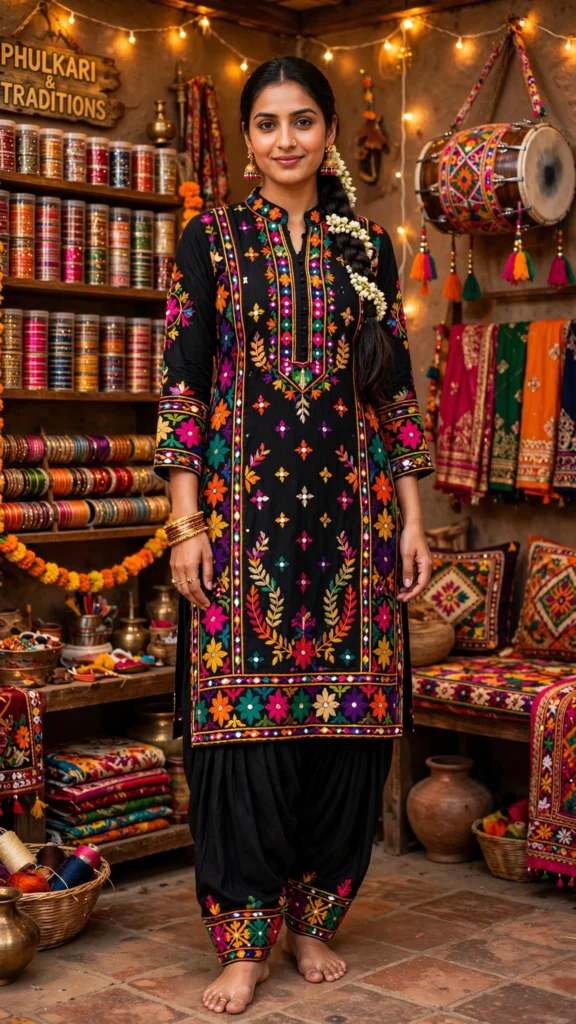 Midnight Bloom Embroidered Phulkari Patiala Suit Set - Photo 1