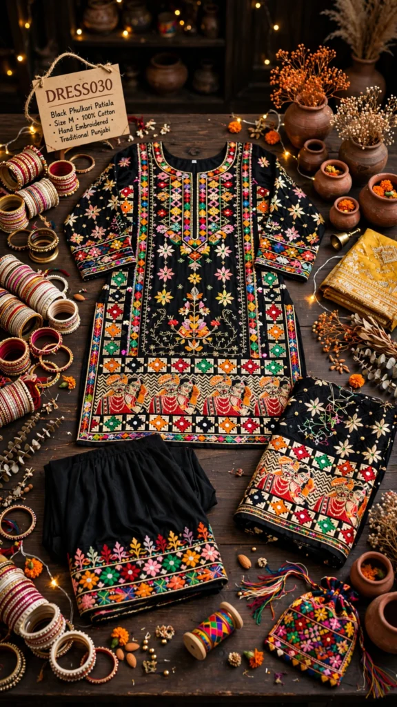 Midnight Bloom Embroidered Phulkari Patiala Suit Set - Photo 2