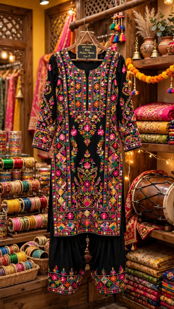 Midnight Bloom Embroidered Phulkari Patiala Suit Set - Photo 3
