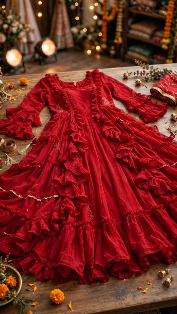 Scarlet Radiance Ruffled Organza Anarkali Set - Photo 2