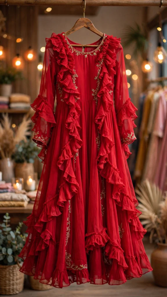 Scarlet Radiance Ruffled Organza Anarkali Set - Photo 3