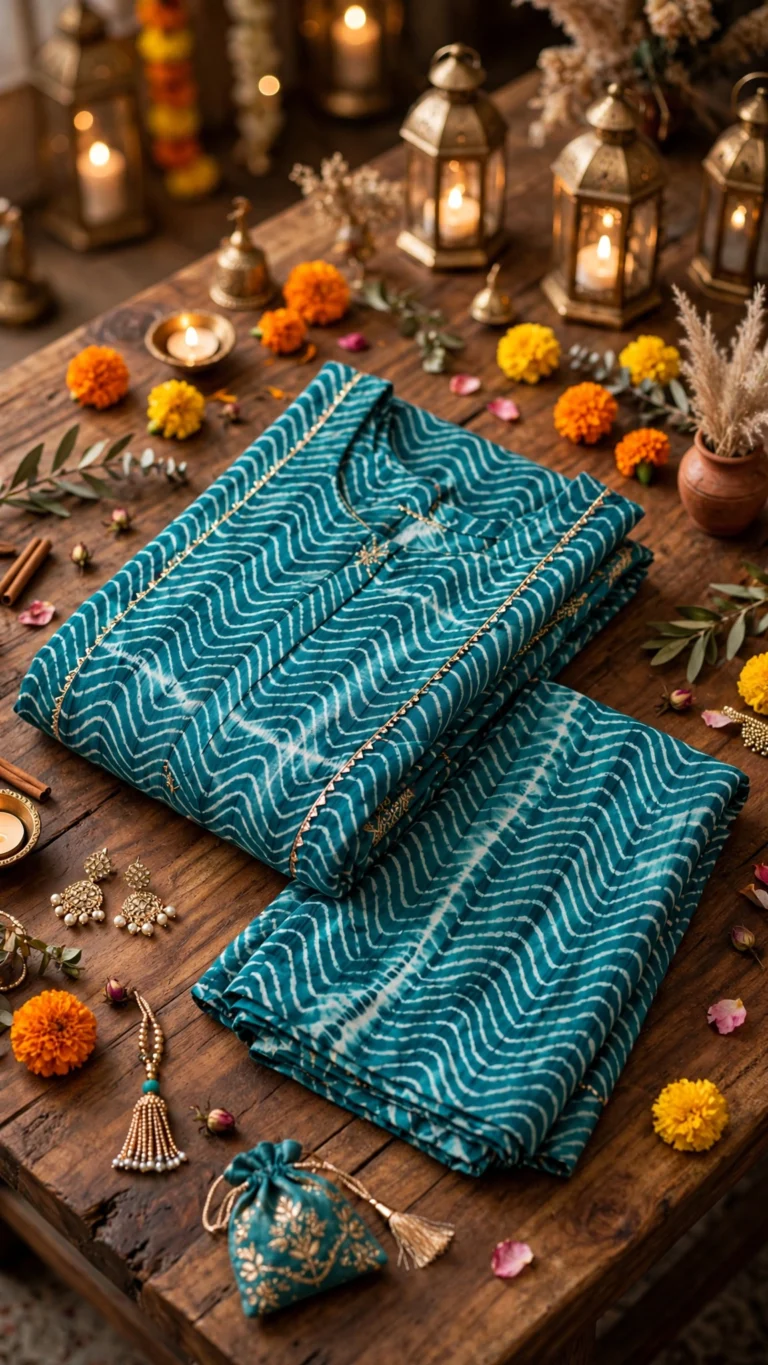 Teal Wave Bandhani Print Anarkali Suit Set – Classic Festive Elegance
