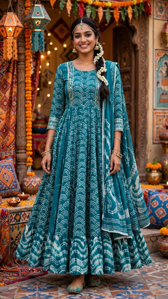 Teal Wave Bandhani Print Anarkali Suit Set – Classic Festive Elegance - Photo 3