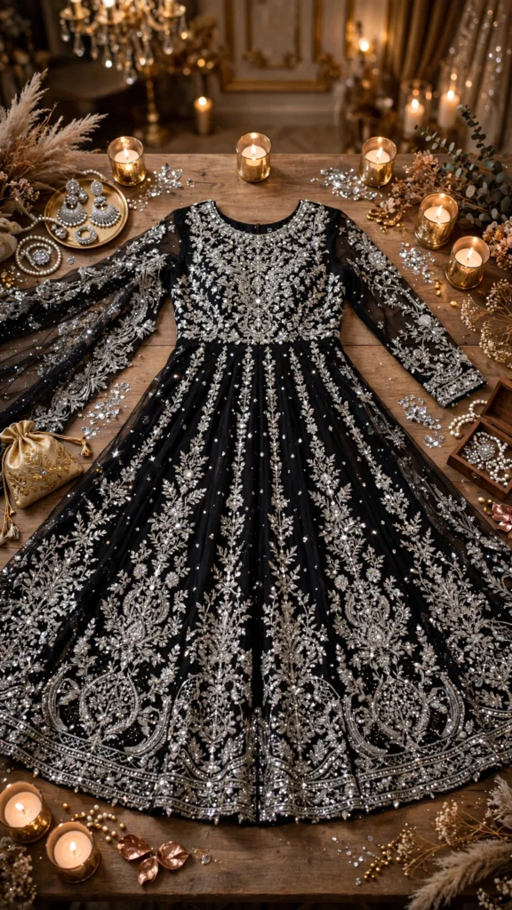 Midnight Radiance Embellished Net Anarkali Set – Black - Photo 3