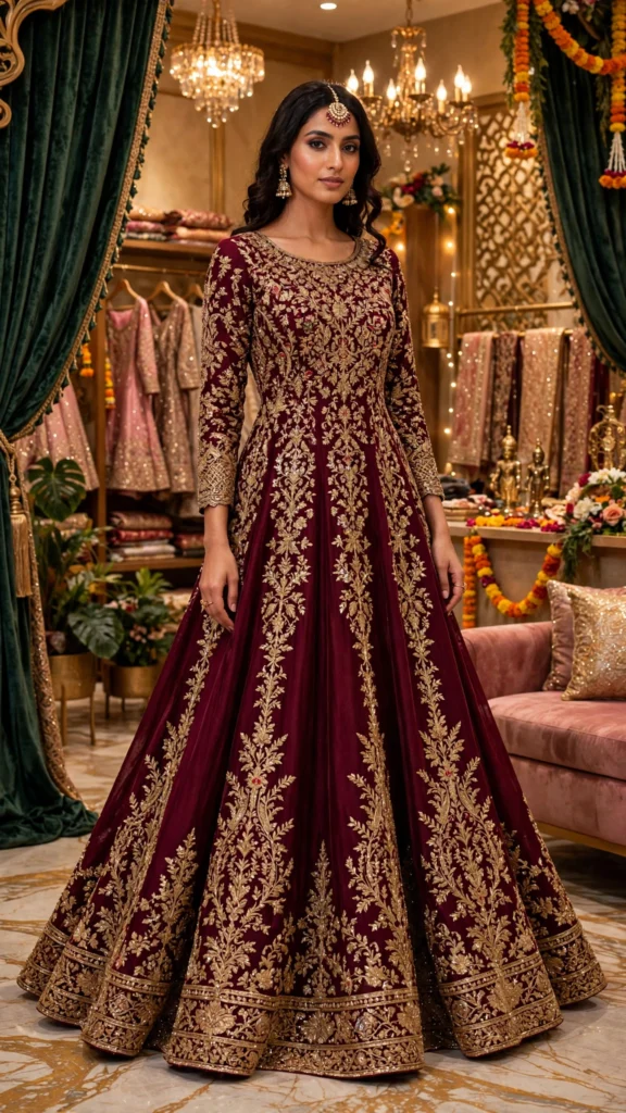 Royal Wine Velvet Anarkali Suit with Zari & Stone Embellishments - Photo 1