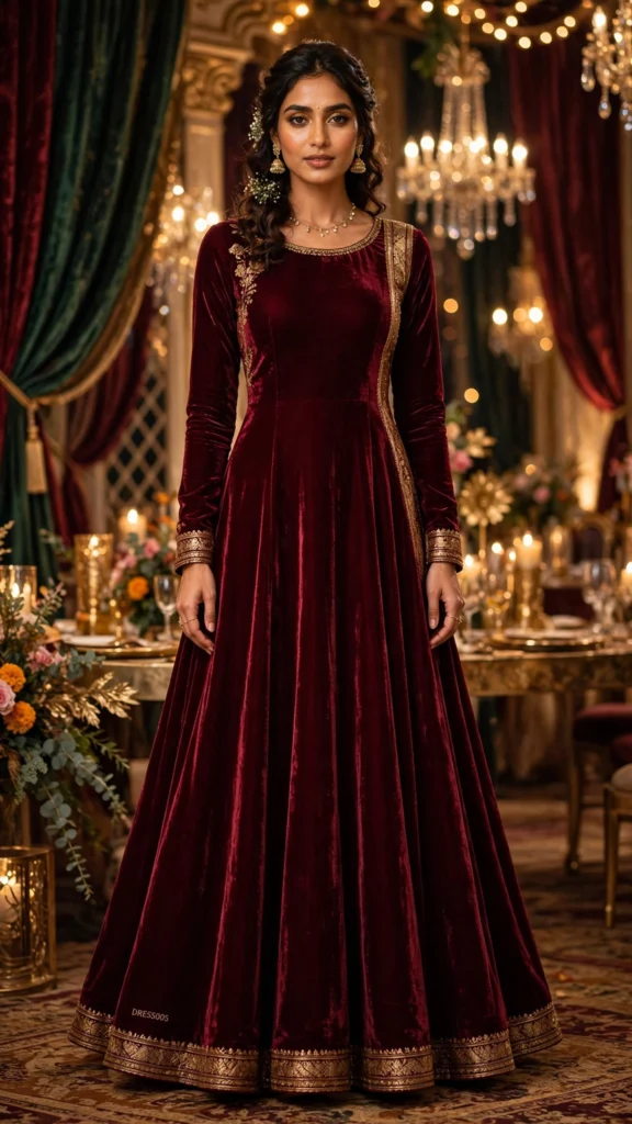 Maroon Velvet Embroidered Anarkali Ensemble – Luxury Banquet Edition - Photo 1