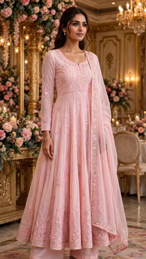 Blush Pink Embroidered A-Line Ethnic Kurta Set with Dupatta - Photo 1