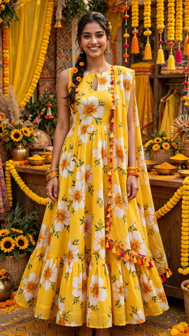 Sunshine Floral Tiered Anarkali Kurta – Available in Vibrant Daisy & Marigold Print