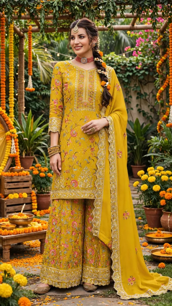 Sun-Kissed Mustard Floral Embroidered Haldi Sharara Set - Photo 1