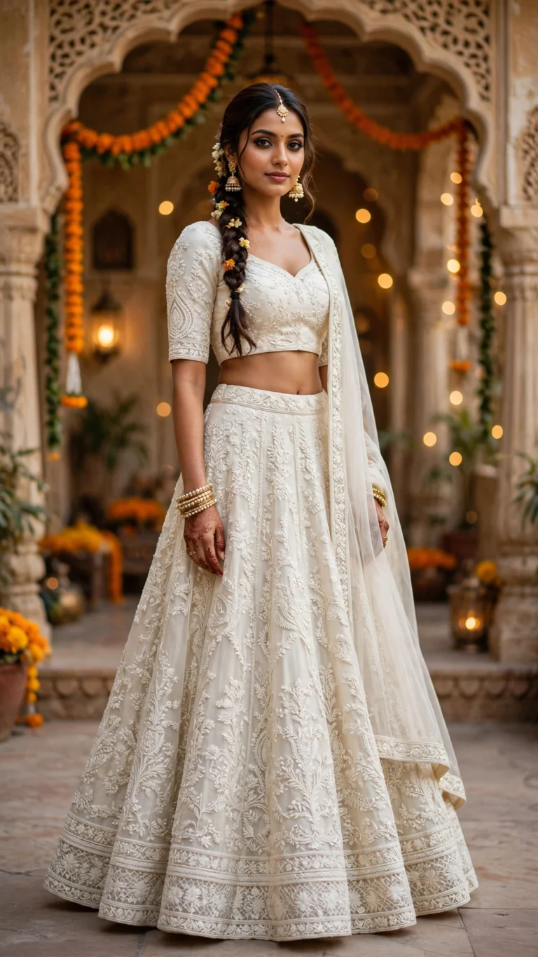 Artisanal Kalamkari Motif Embroidered Lehenga Set – Available in Pristine Ivory & Heritage Monochrome