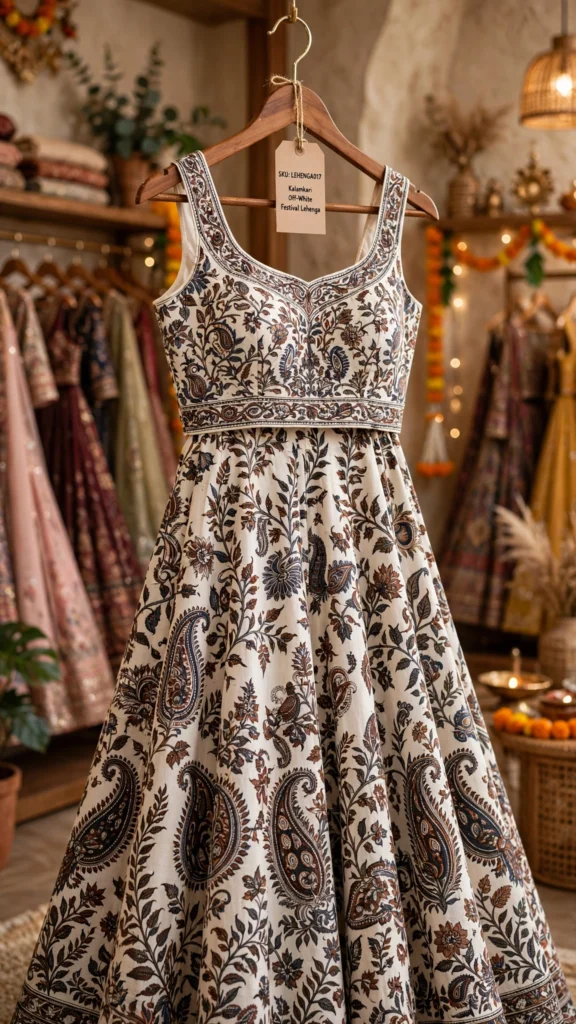 Artisanal Kalamkari Motif Embroidered Lehenga Set – Available in Pristine Ivory & Heritage Monochrome - Photo 2