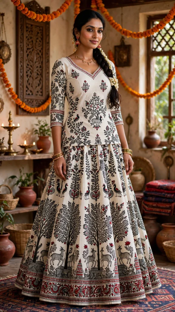 Artisanal Kalamkari Motif Embroidered Lehenga Set – Available in Pristine Ivory & Heritage Monochrome - Photo 3