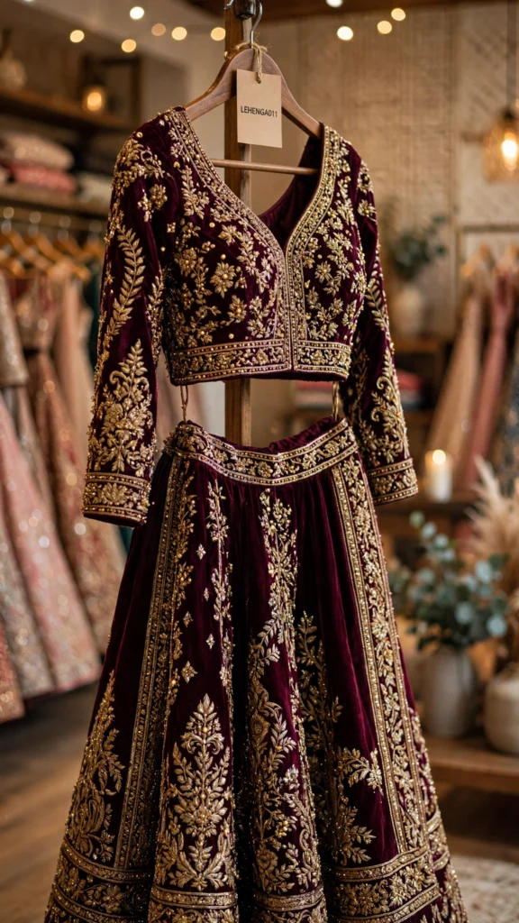 Regal Handcrafted Velvet Lehenga Set – Available in Royal Maroon & Emerald Green - Photo 1