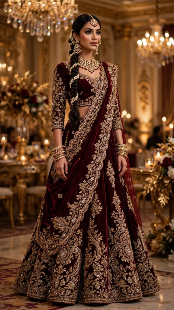 Regal Handcrafted Velvet Lehenga Set – Available in Royal Maroon & Emerald Green - Photo 3