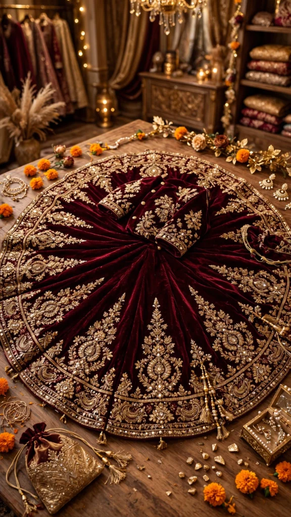 Opulent Royal Velvet & Festive Mirror-Work Lehenga Sets – Available in Regal Maroon & Multicolour Garba Chic - Photo 2